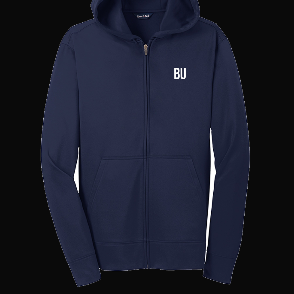 BU Sport Tech Full Zip Hoodie on dark background