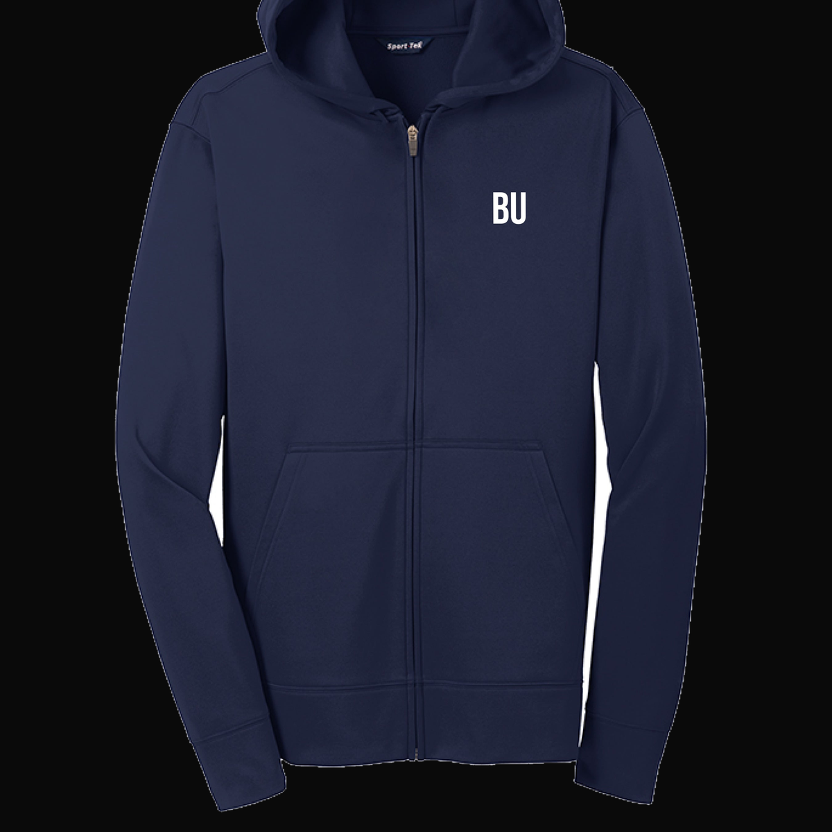 BU Sport Tech Full Zip Hoodie on dark background