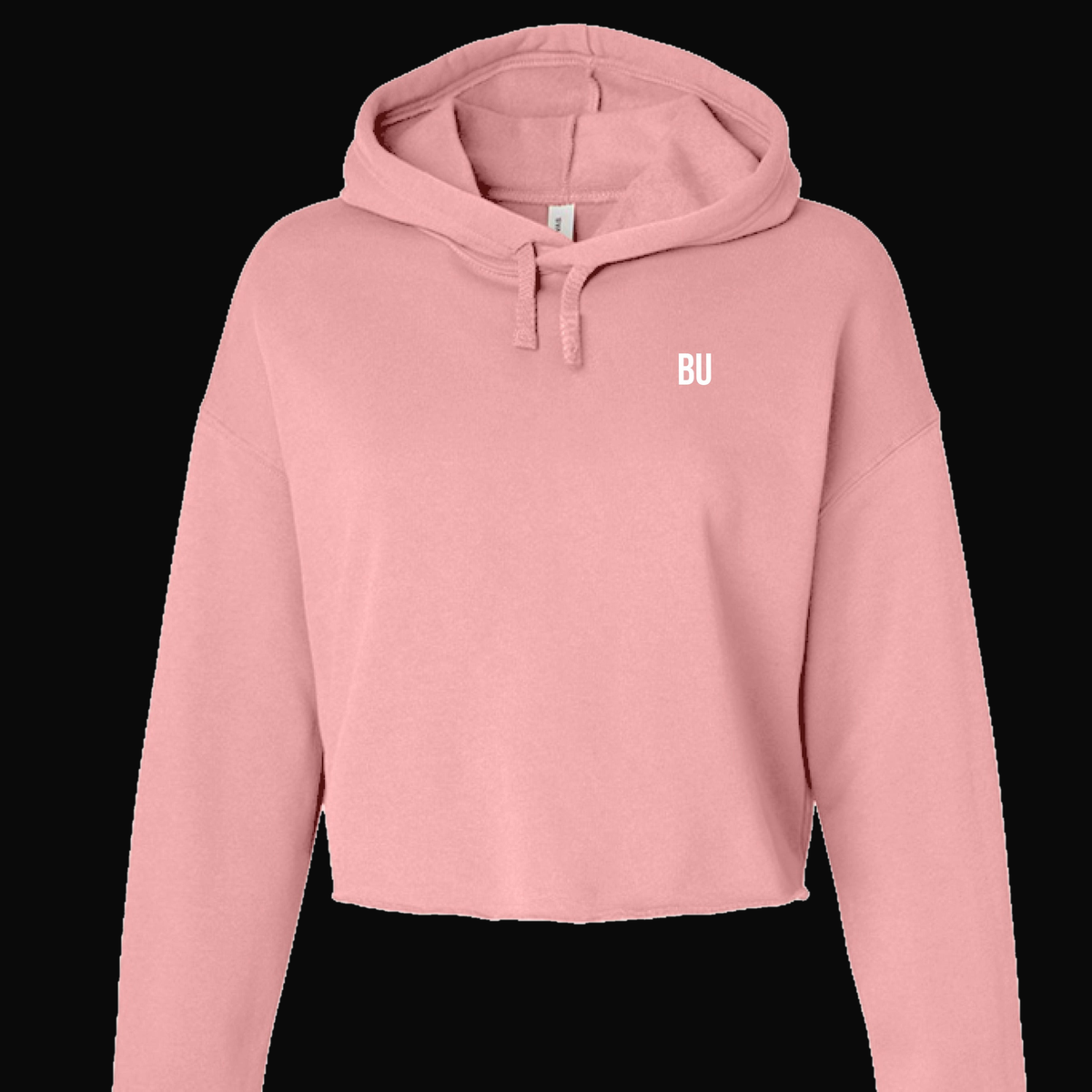 BU Women’s Cropped Fleece Hoodie on dark background