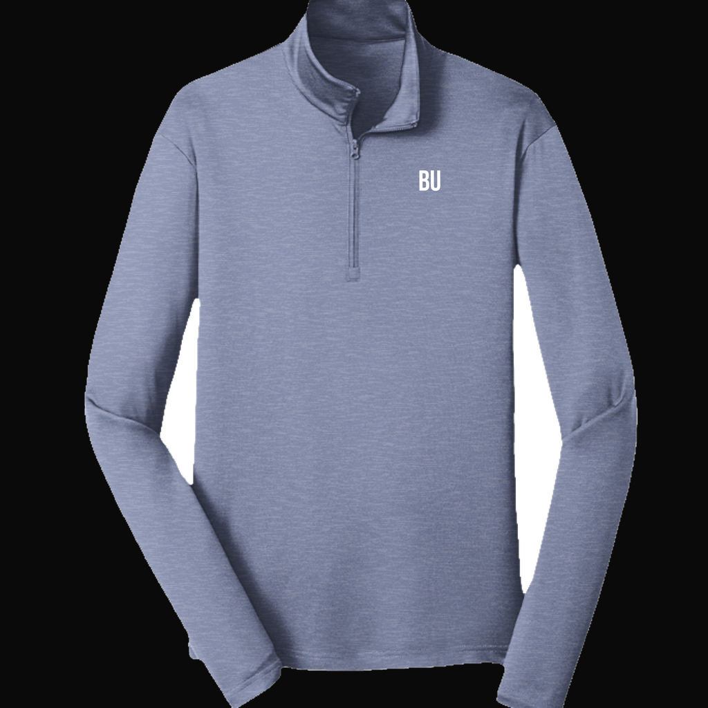 BU Quarter Zip Pullover on dark background