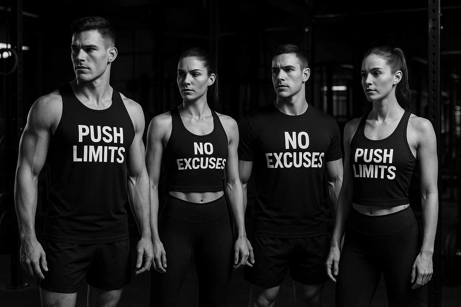 Minimal fitness apparel brand with bold motivational messaging. Targeting gym culture and high-performers.